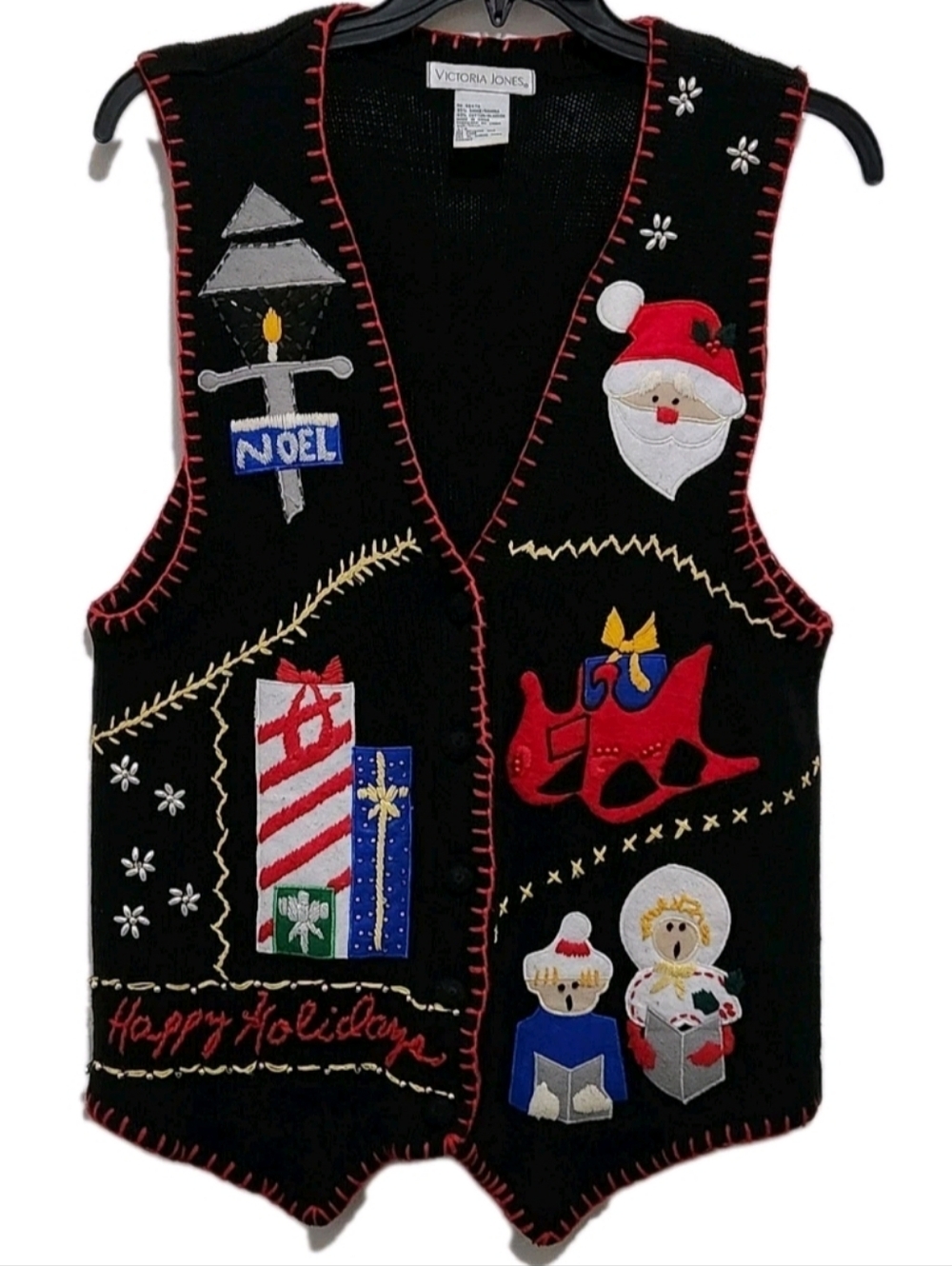 Vtg Victoria Jones Women's L Black Christmas Sweater Vest Beaded Button Up